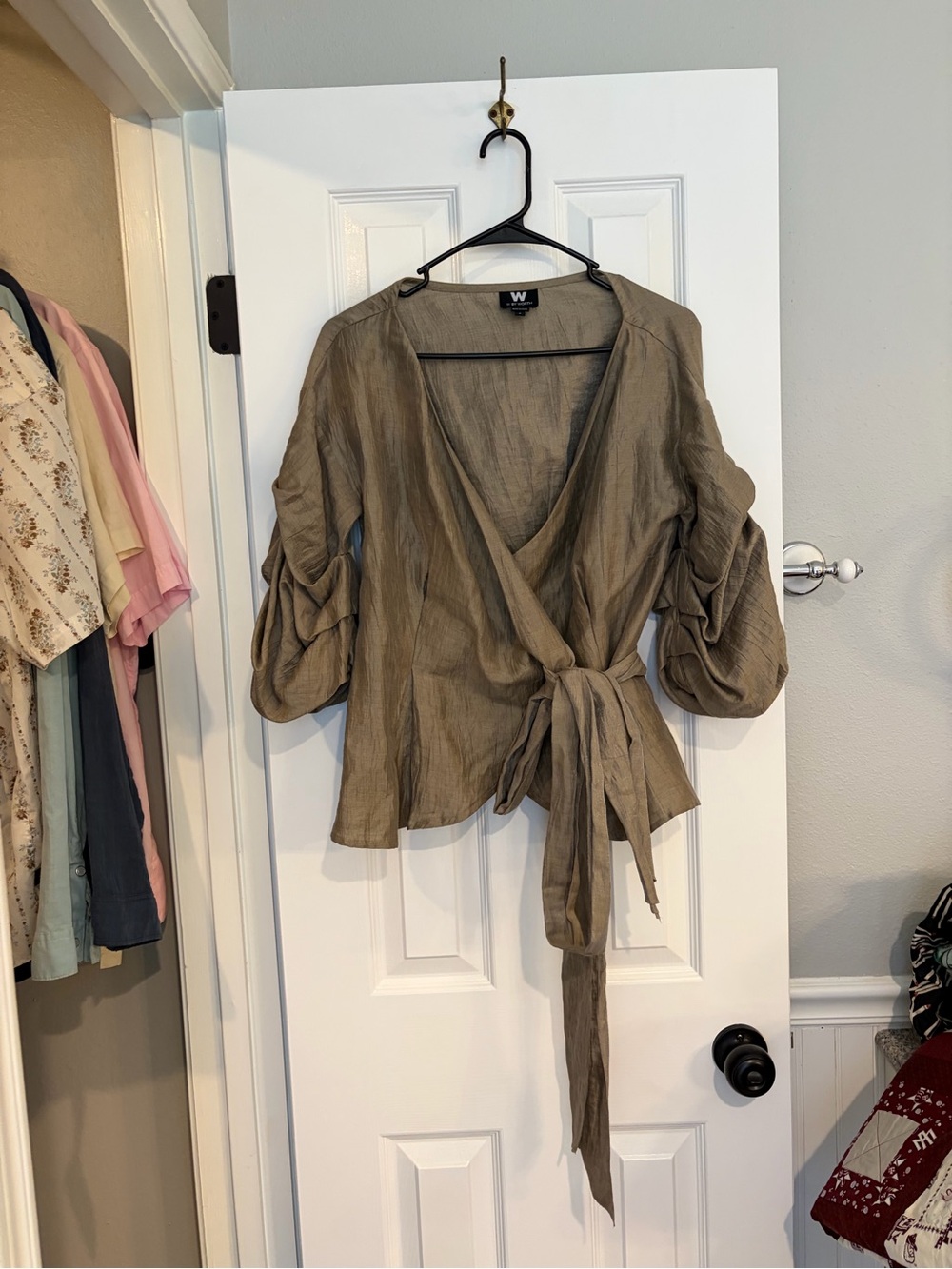 Worth Linen Blend Wrap Blouse Taupe Size 4